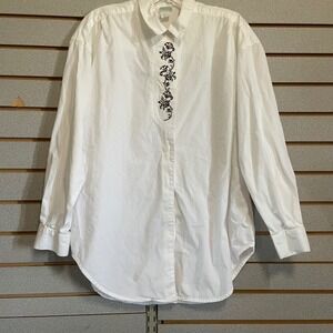 Vintage Soozie White Embroidered Button Down Shirt‎ Long Sleeve Womens Top M